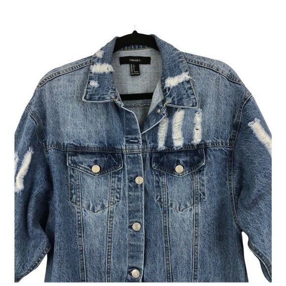 Forever 21 Womens Size Small Oversized Distressed Denim Blue Jean Jacket - Picture 2 of 5